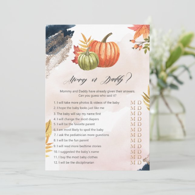 Mommy Or Daddy Pumpkin Baby Shower Game Card (Standing Front)
