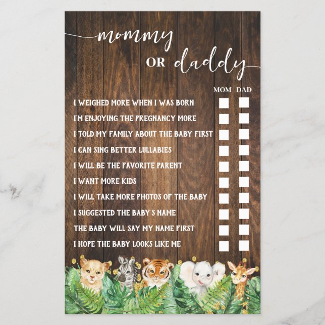 Mommy or Daddy Safari Baby Shower Game Card Flyer (Front)