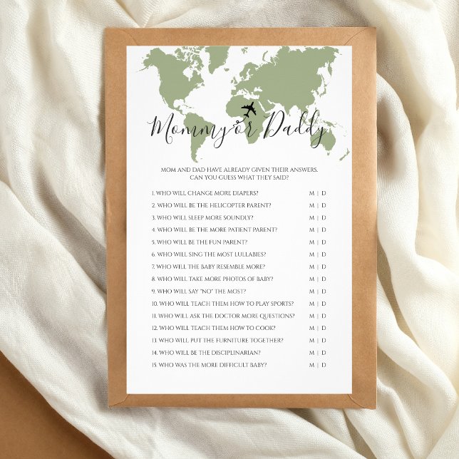 Mommy or Daddy Travel Map Baby Shower Game Flyer (Mommy or Daddy Baby Shower Game, Travel themed)