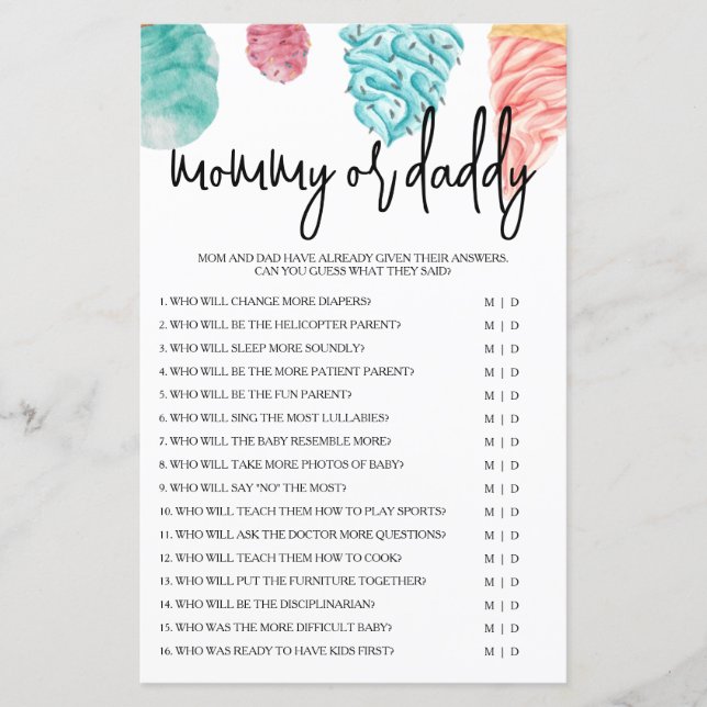 Mommy or Daddy What's the Scoop Baby Shower Game (Front)