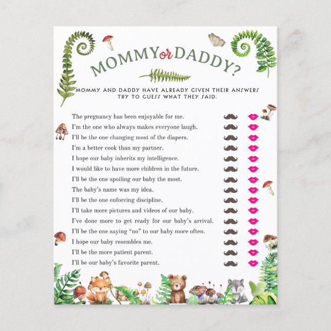 Mommy or daddy woodland animal baby shower game (Front)