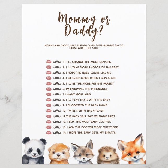 Mommy or Daddy Woodland Animals Baby Shower Game (Front)