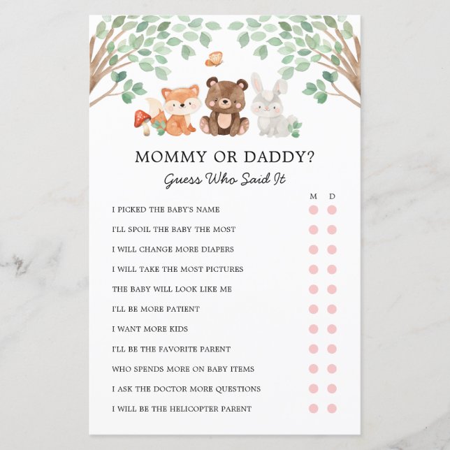 Mommy or Daddy Woodland Baby Shower Game (Front)