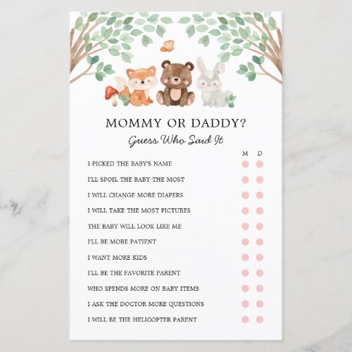 Mommy or Daddy Woodland Baby Shower Game