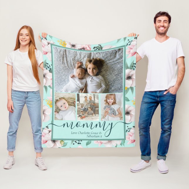 Mommy Personalized Flower Pattern Photo Collage Fleece Blanket (In Situ)