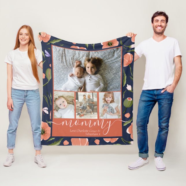 Mommy Personalized Flower Pattern Photo Collage Fleece Blanket (In Situ)
