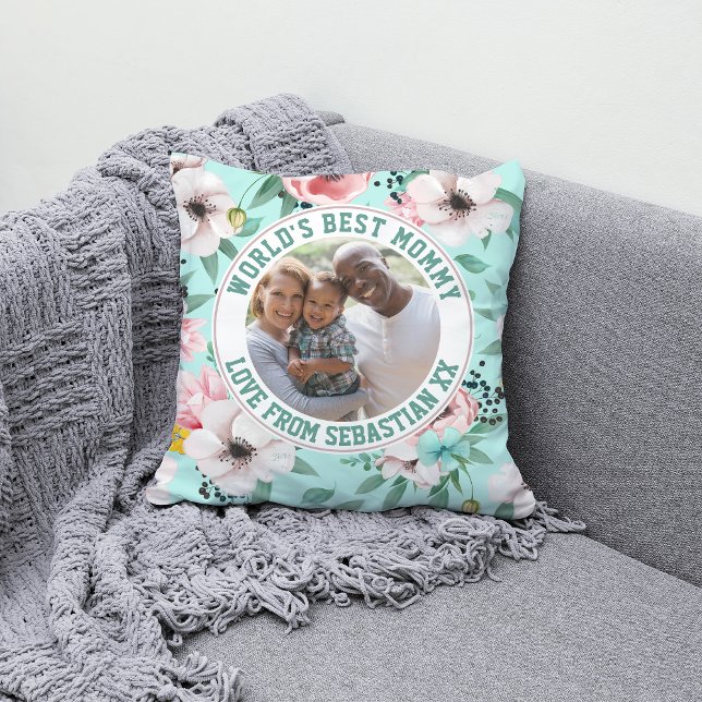  Mommy Personalized Photo Template Flower Pattern Throw Pillow (Creator Uploaded)