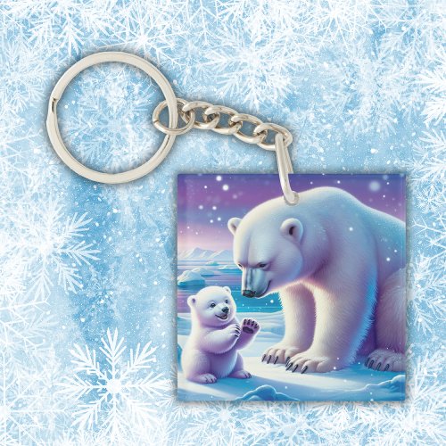 Mommy Polar Bear with Cub  Keychain