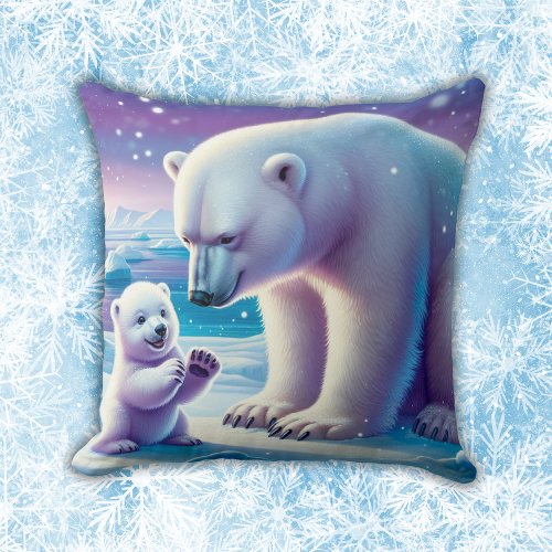 Mommy Polar Bear with Cub  Throw Pillow