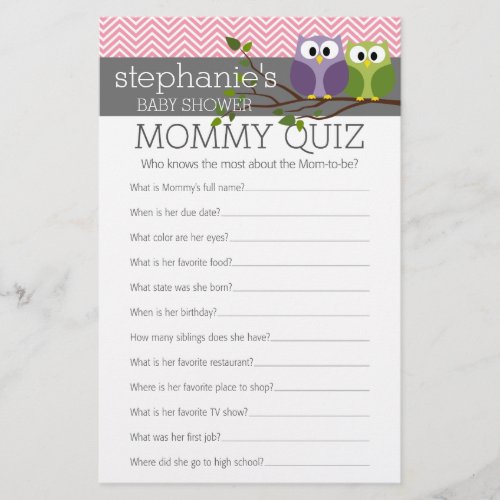 Mommy Quiz Shower Games Pink Owls Baby Girl