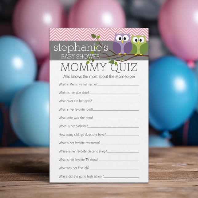 Mommy Quiz Shower Games Pink Owls Baby Girl (Custom Baby Shower Games)