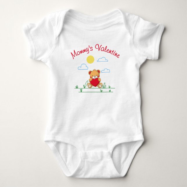Mommy’s Valentine – Cute Teddy Bear With Heart Baby Bodysuit (Front)