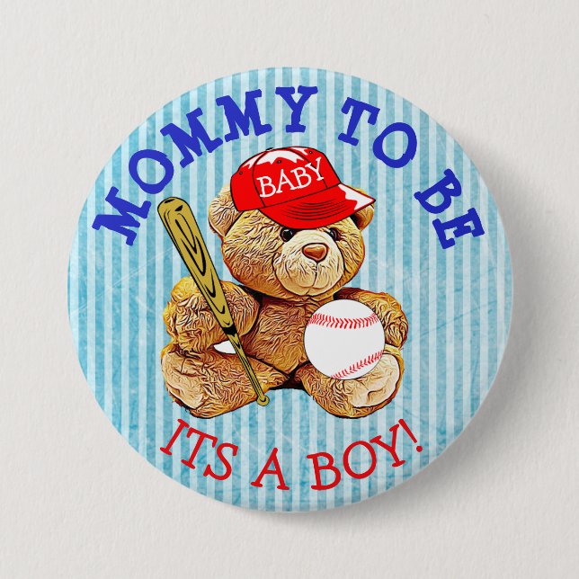 Mommy to be Baseball Teddy Bear Baby Shower Button (Front)