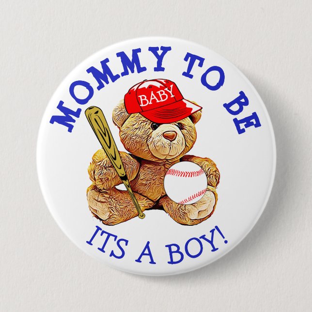 Mommy to be Baseball Teddy Bear Baby Shower Button (Front)