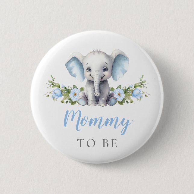 Mommy To Be Blue Elephant New Mom Baby Boy Shower Button (Front)