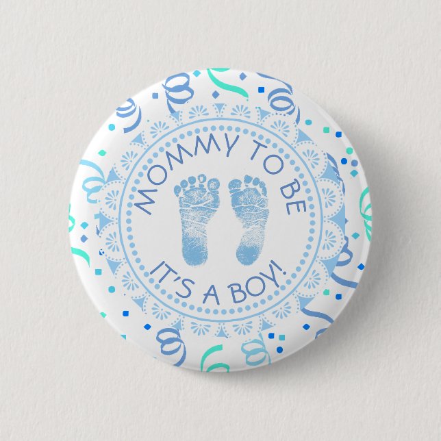 Mommy to be Blue &  White Baby Shower Button (Front)