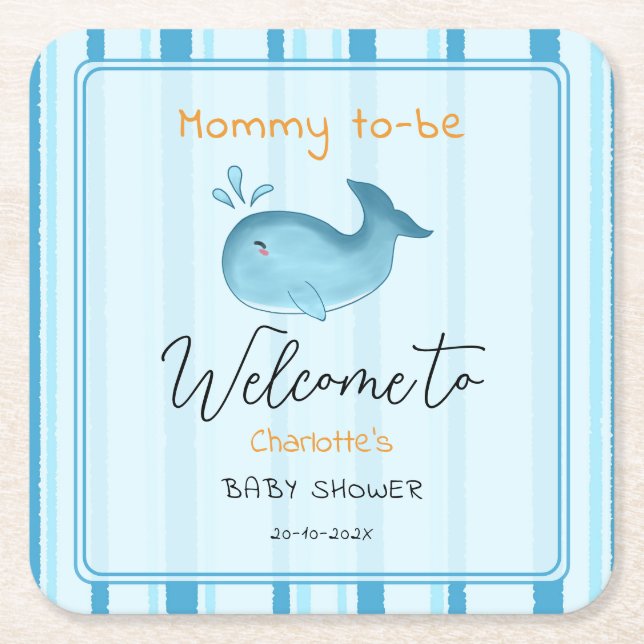 Mommy To Be Cute Whale Baby Shower Square Paper Coaster (Front)