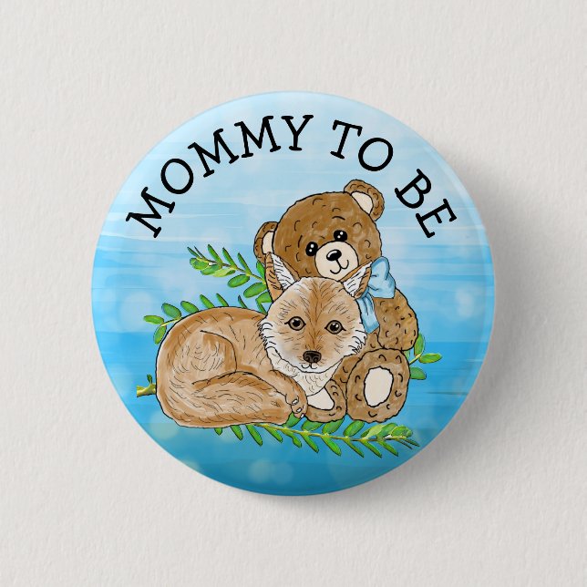 Mommy to be Fox and Teddy Bear Baby Shower Button (Front)