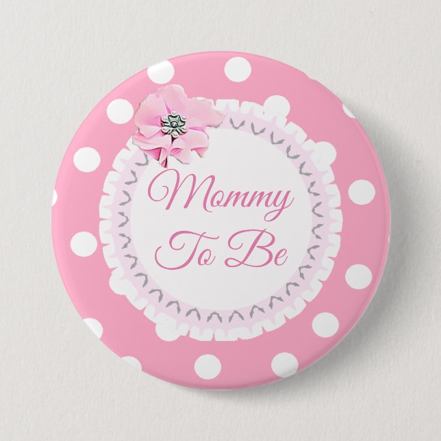 Mommy to be Pink White Polka Dot Flower Button (Front)