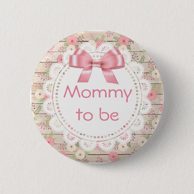 Mommy to be Tan and Pink Bow Baby Shower Button (Front)