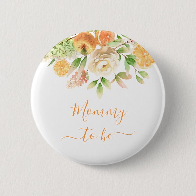 Mommy To Be Yellow Rose Floral Greenery New Mother Button (Front)