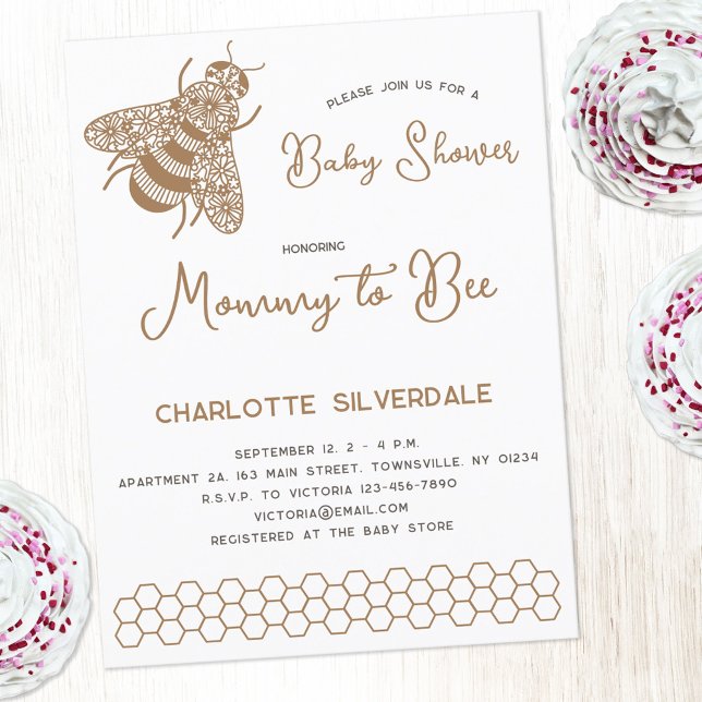 Mommy to Bee Baby Shower Invitation Postcard (Modern gener neutral honeybee Mommy to Bee personalized baby shower invitation with custom text)