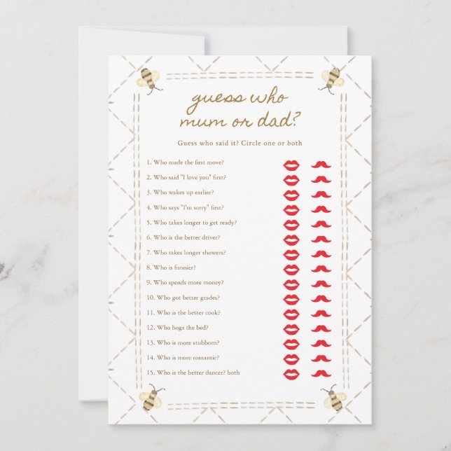 Mommy To Bee Baby Shower Mom Or Dad Game Cards (Front)