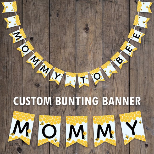 Mommy To Bee 🐝 Baby Shower Watercolor Bumble Bees Bunting Flags (Custom "Mommy to Bee" Bunting Banner -- customize on screen now!)