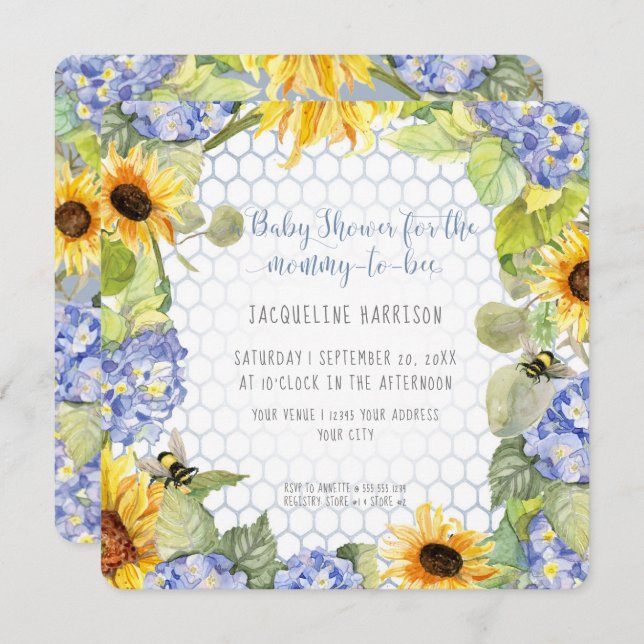 Mommy to Bee Bumblebee Sunflower Blue Hydrangea Invitation (Front/Back)