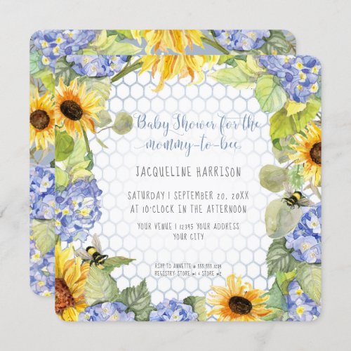 Mommy to Bee Bumblebee Sunflower Blue Hydrangea Invitation