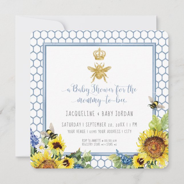 Mommy to Bee Bumblebee Sunflower Gold Glitter Baby Invitation (Front)