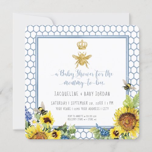 Mommy to Bee Bumblebee Sunflower Gold Glitter Baby Invitation