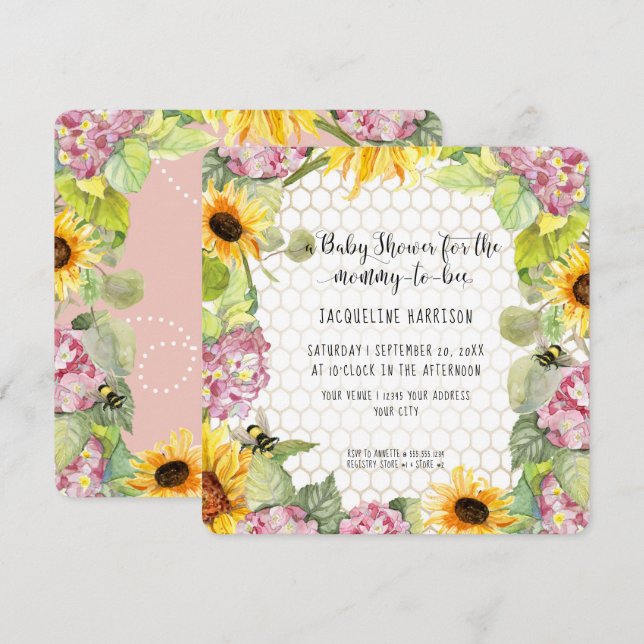 Mommy to Bee Bumblebee Sunflower Pink Hydrangeas I Invitation (Front/Back)