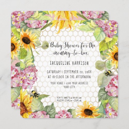 Mommy to Bee Bumblebee Sunflower Pink Hydrangeas I Invitation
