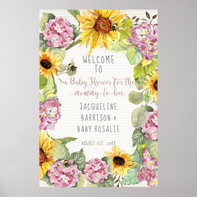 Mommy to Bee Bumblebee Sunflower Pink Hydrangeas Poster (Front)
