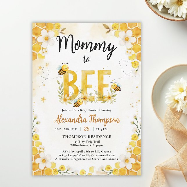 Mommy to Bee Cute Whimsical Floral Baby Shower Invitation (mommy to bee themed baby shower invitation spring summer little honey watercolor whimsical floral)