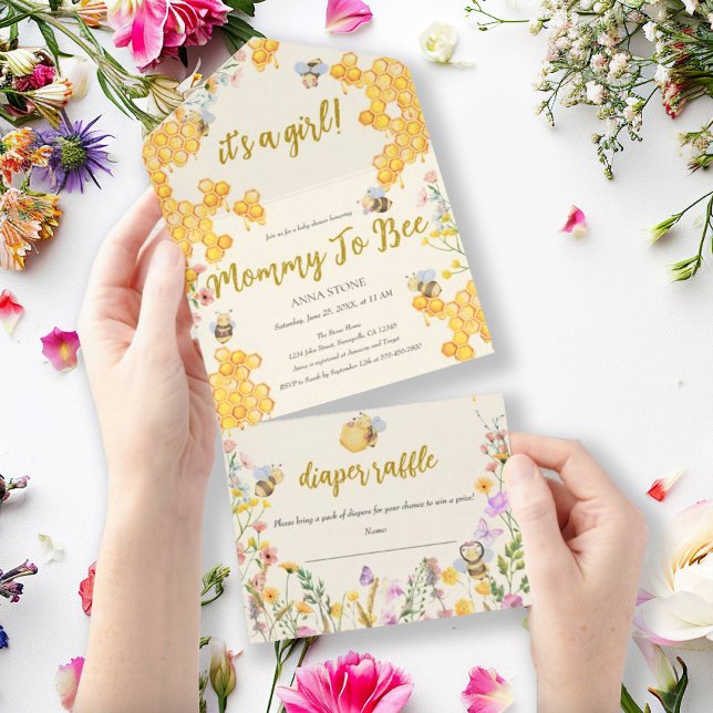 Mommy to Bee Floral Honey Bee Girl Baby Shower All In One Invitation (Creator Uploaded)