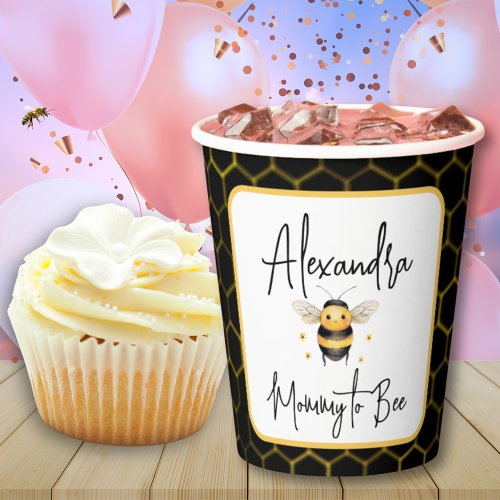 Mommy to Bee Gender Neutral Black Gold Baby Shower Paper Cups