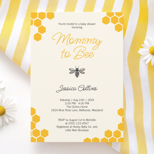 Mommy to Bee Gender Neutral Cute Yellow Honeycomb Invitation (Mommy to Bee Gender Neutral Cute Yellow Honeycomb Invitation)