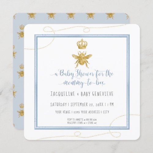Mommy to Bee Gold Glitter Blue Boy Baby Shower Invitation