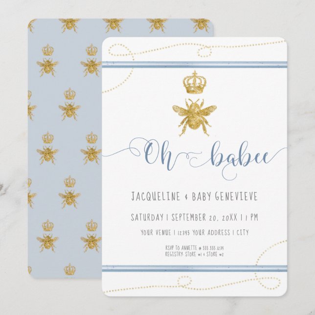 Mommy to Bee Gold Glitter Blue Boy Baby Shower Invitation (Front/Back)