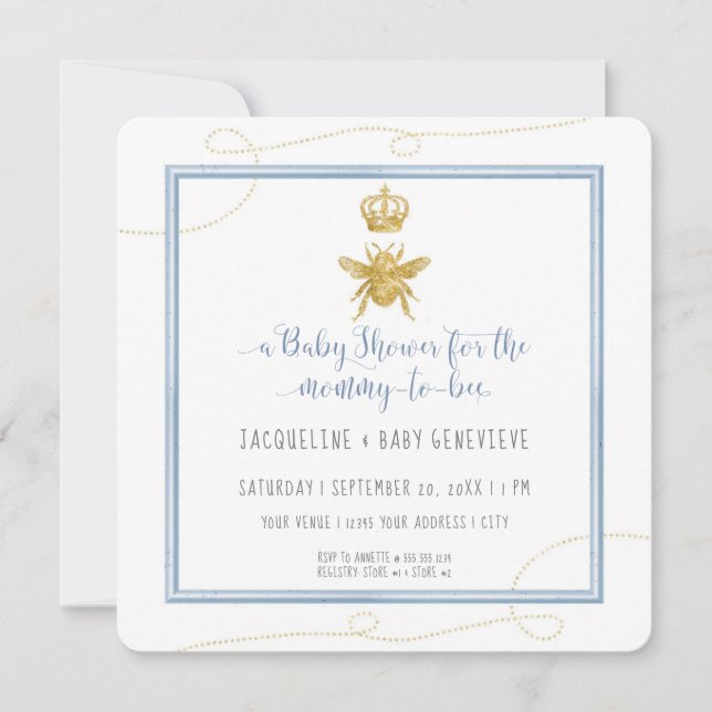 Mommy to Bee Gold Glitter Blue Boy Baby Shower QR Invitation (Front)