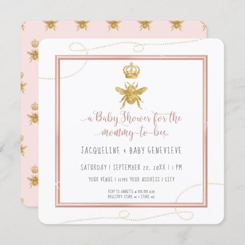 Mommy to Bee Gold Glitter Pink Girl Baby Invitation