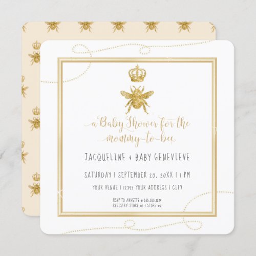 Mommy to Bee Gold Glitter Yellow Baby Invitation