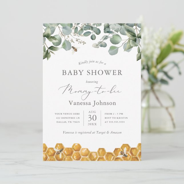 Mommy to Bee Greenery Baby Shower Invitation (Standing Front)