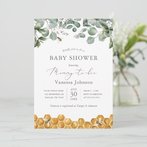 Mommy to Bee Greenery Baby Shower Invitation