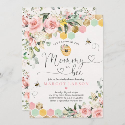 Mommy To Bee Greenery Pink  Gold Bee Baby Shower Invitation