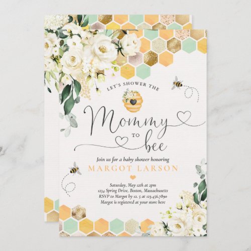 Mommy To Bee Greenery White Floral Bee Baby Shower Invitation