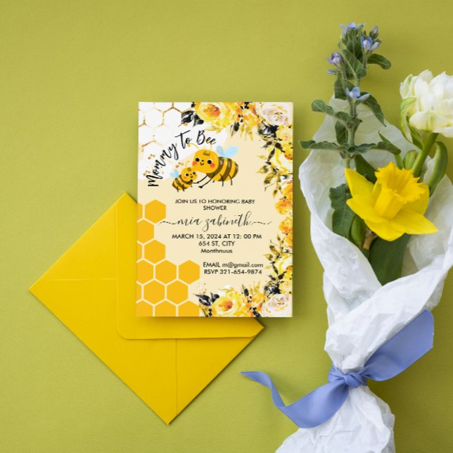 Mommy to Bee Honeycomb Flowers Baby Shower Invitation (watercolor Mommy to Bee Honeycomb Flowers Baby shower honey bees theme spring summer for her girl)
