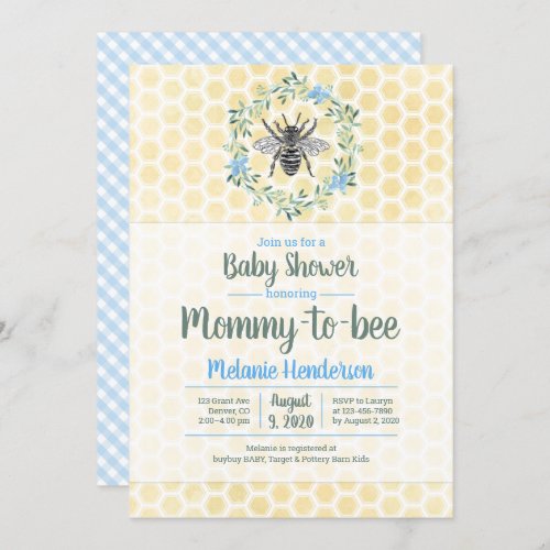 Mommy to bee honeycomb gingham boy baby shower invitation